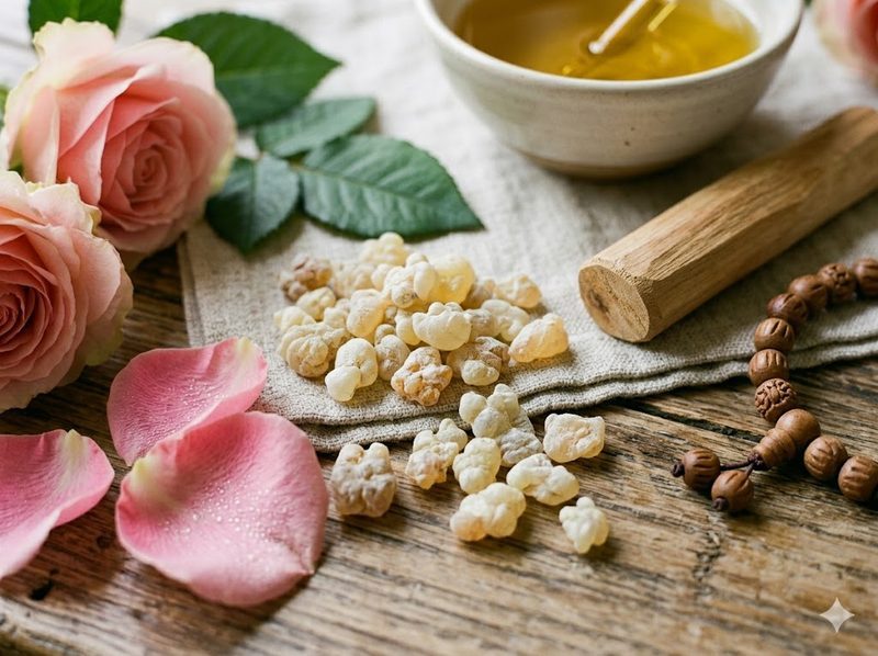 Grounding oil blend with rose, frankincense and sandalwood for massage