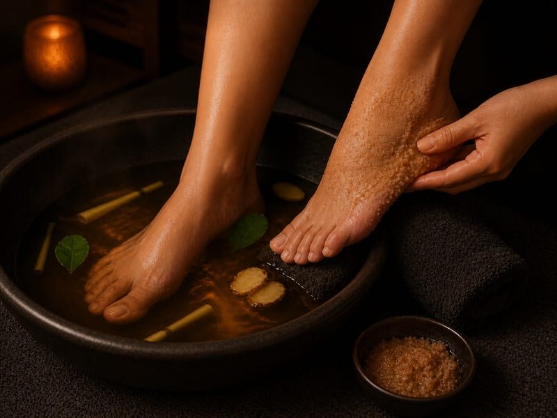 Herbal Foot Bath & Scrub warm soak before a massage